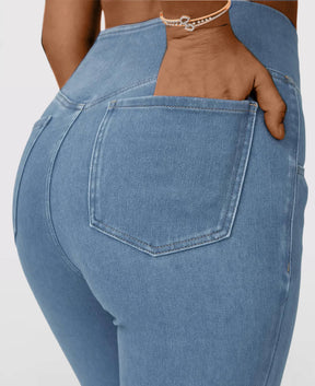 Calça Jeans de Cintura Alta Cruzada - Frete Grátis