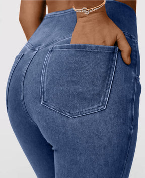 Calça Jeans de Cintura Alta Cruzada - Frete Grátis